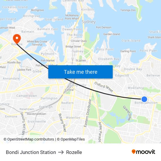 Bondi Junction Station to Rozelle map