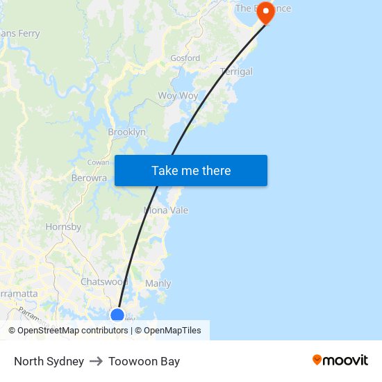 North Sydney to Toowoon Bay map
