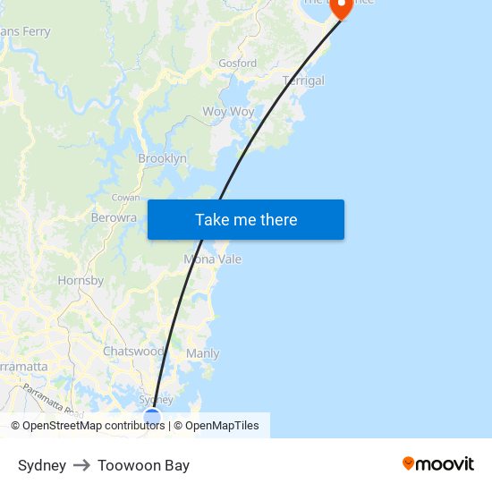 Sydney to Toowoon Bay map