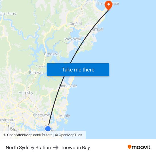 North Sydney Station to Toowoon Bay map