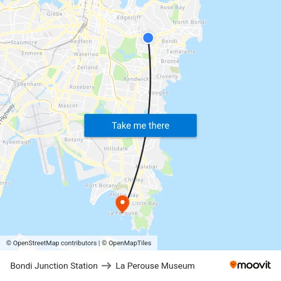 Bondi Junction Station to La Perouse Museum map