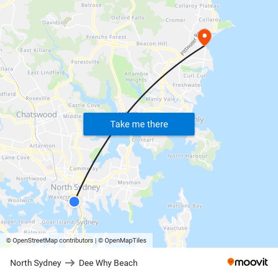 North Sydney to Dee Why Beach map