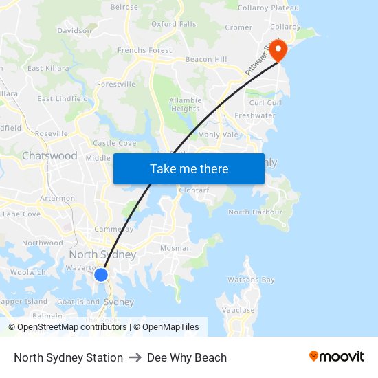 North Sydney Station to Dee Why Beach map
