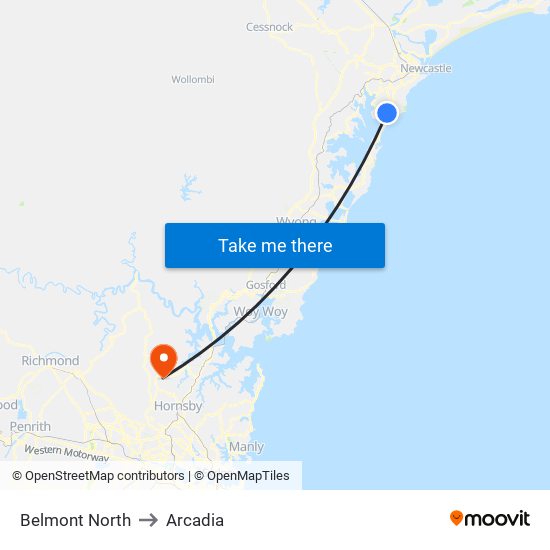 Belmont North to Arcadia map