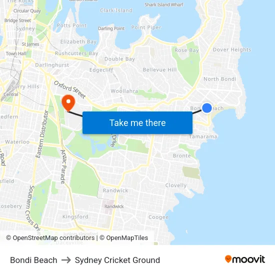 Bondi Beach to Sydney Cricket Ground map