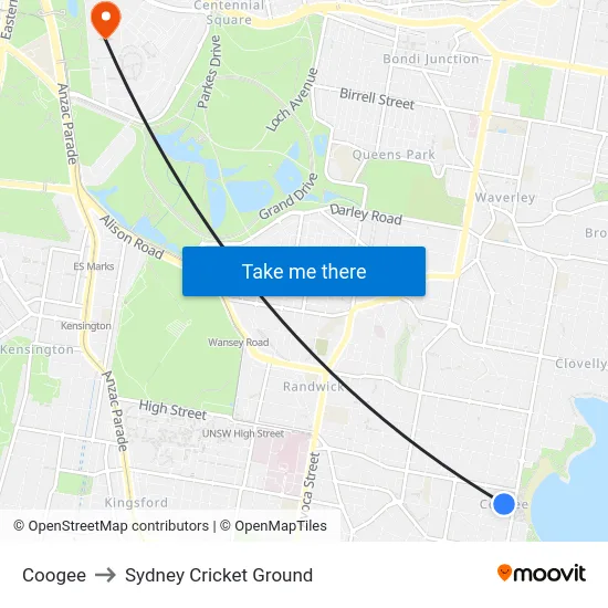 Coogee to Sydney Cricket Ground map