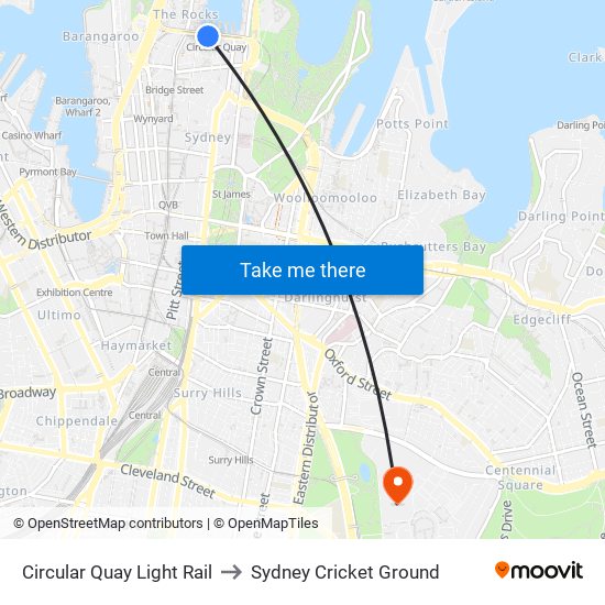 Circular Quay Light Rail to Sydney Cricket Ground map