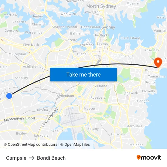 Campsie to Bondi Beach map
