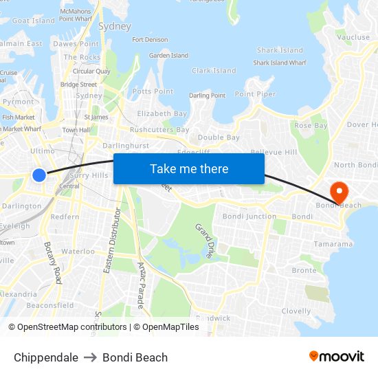 Chippendale to Bondi Beach map