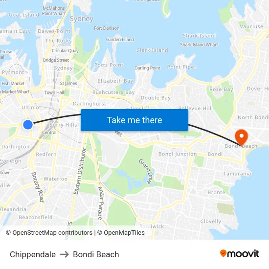 Chippendale to Bondi Beach map