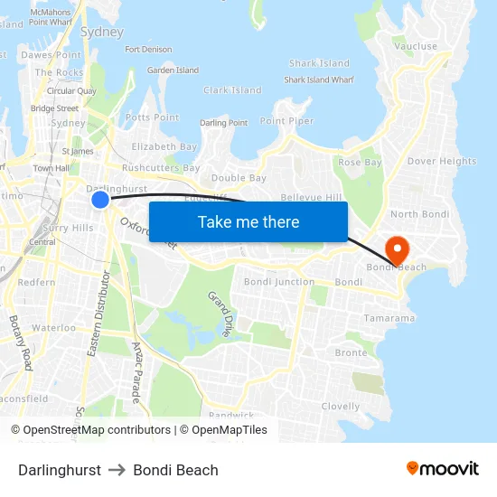 Darlinghurst to Bondi Beach map