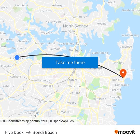 Five Dock to Bondi Beach map