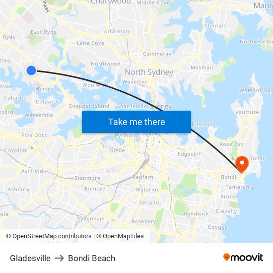 Gladesville to Bondi Beach map