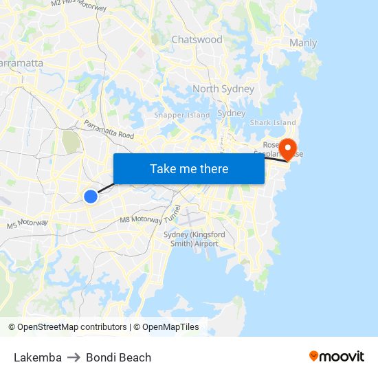 Lakemba to Bondi Beach map
