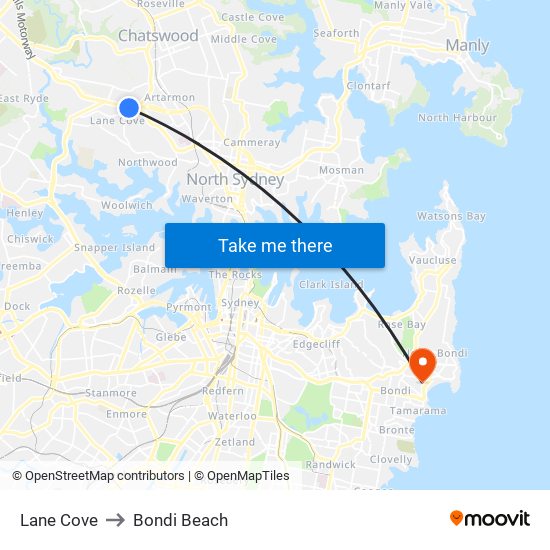 Lane Cove to Bondi Beach map