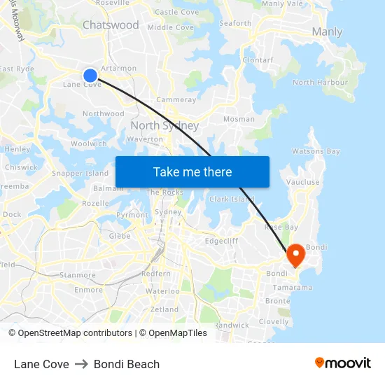 Lane Cove to Bondi Beach map