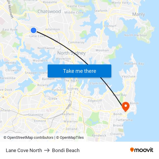 Lane Cove North to Bondi Beach map