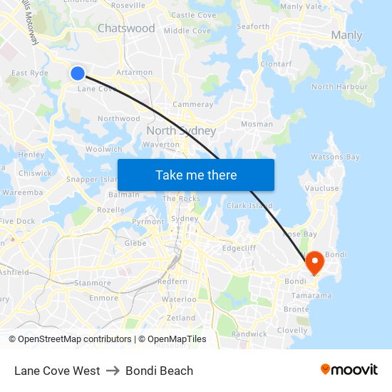 Lane Cove West to Bondi Beach map