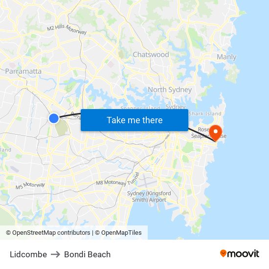 Lidcombe to Bondi Beach map