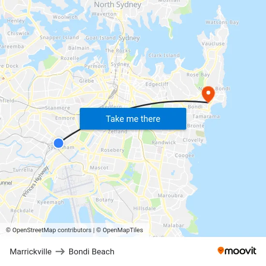 Marrickville to Bondi Beach map