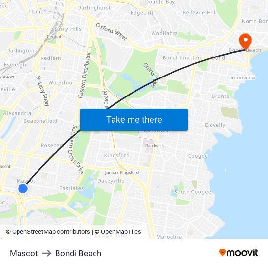 Mascot to Bondi Beach map