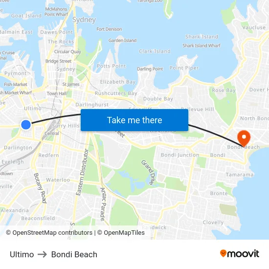 Ultimo to Bondi Beach map
