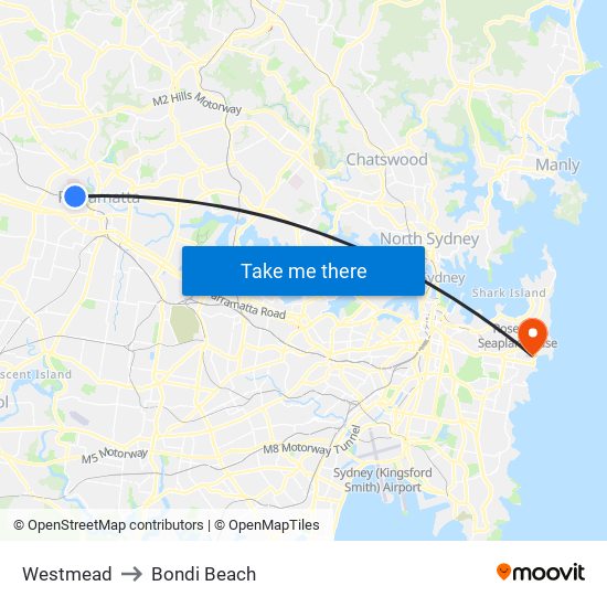 Westmead to Bondi Beach map