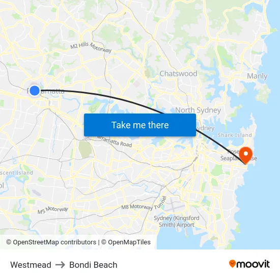 Westmead to Bondi Beach map
