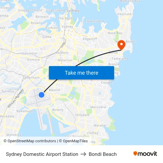 Sydney Domestic Airport Station to Bondi Beach map
