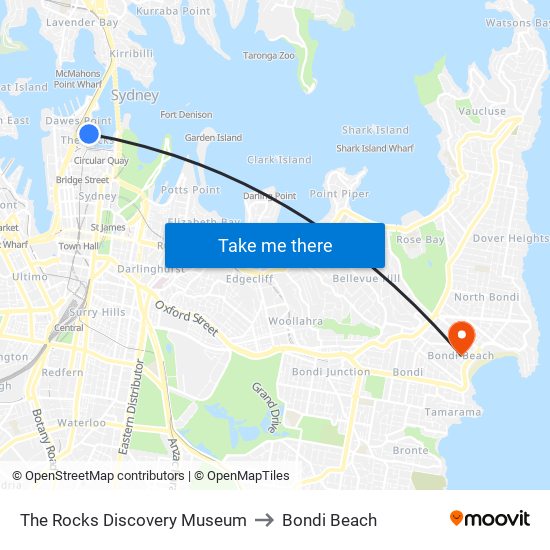 The Rocks Discovery Museum to Bondi Beach map
