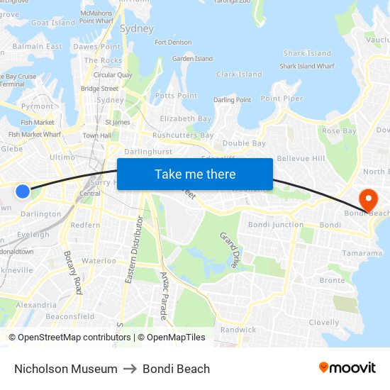 Nicholson Museum to Bondi Beach map