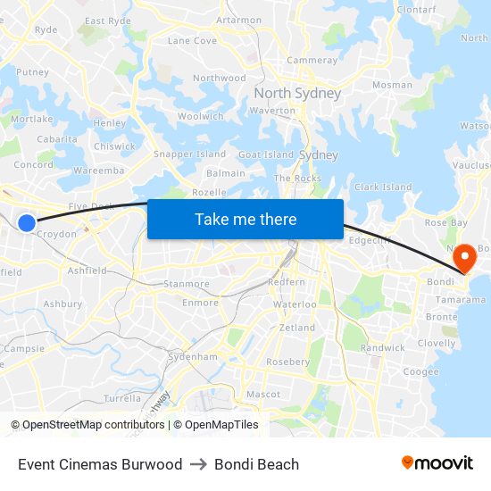 Event Cinemas Burwood to Bondi Beach map