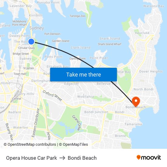 Opera House Car Park to Bondi Beach map