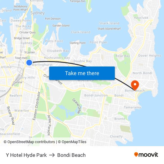 Y Hotel Hyde Park to Bondi Beach map
