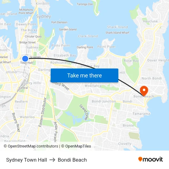 Sydney Town Hall to Bondi Beach map
