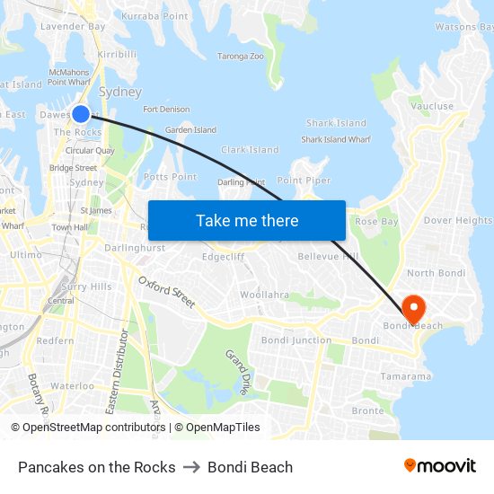 Pancakes on the Rocks to Bondi Beach map