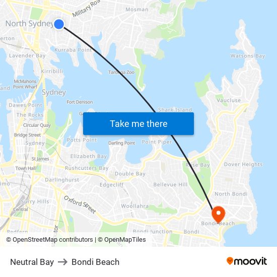 Neutral Bay to Bondi Beach map