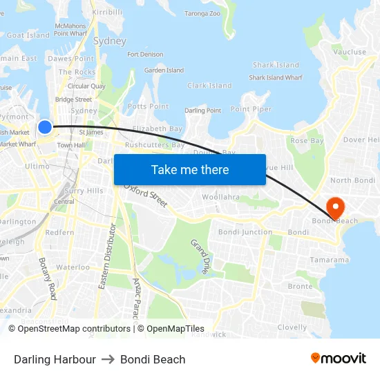 Darling Harbour to Bondi Beach map