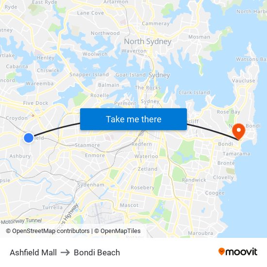 Ashfield Mall to Bondi Beach map