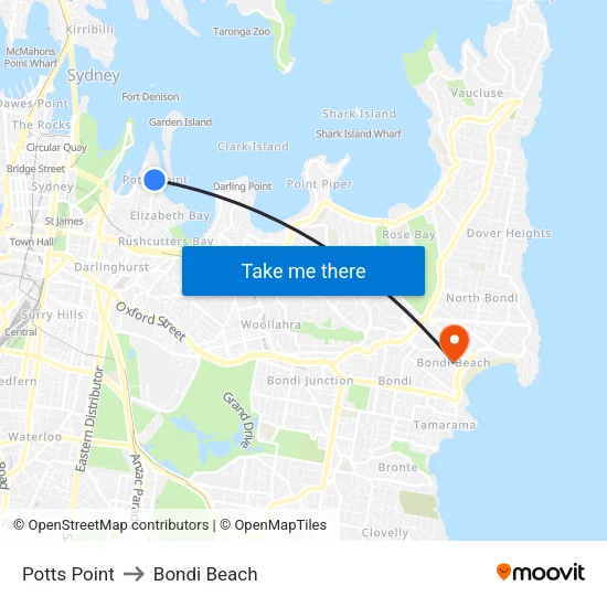 Potts Point to Bondi Beach map