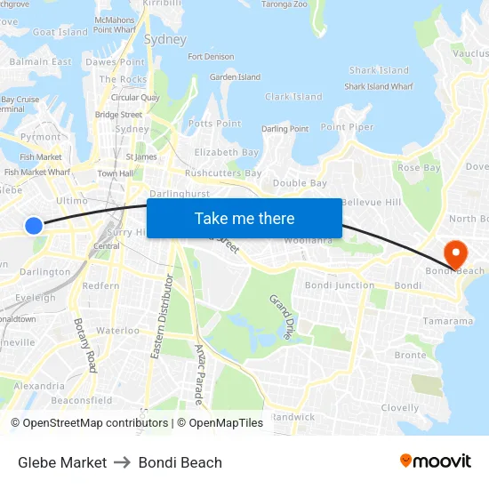 Glebe Market to Bondi Beach map