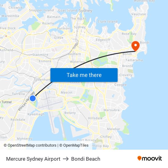 Mercure Sydney Airport to Bondi Beach map