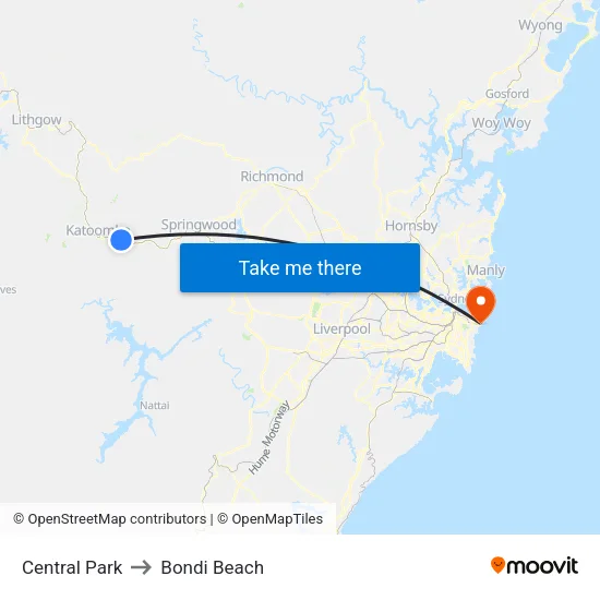 Central Park to Bondi Beach map