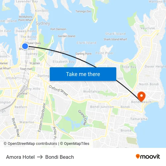 Amora Hotel to Bondi Beach map