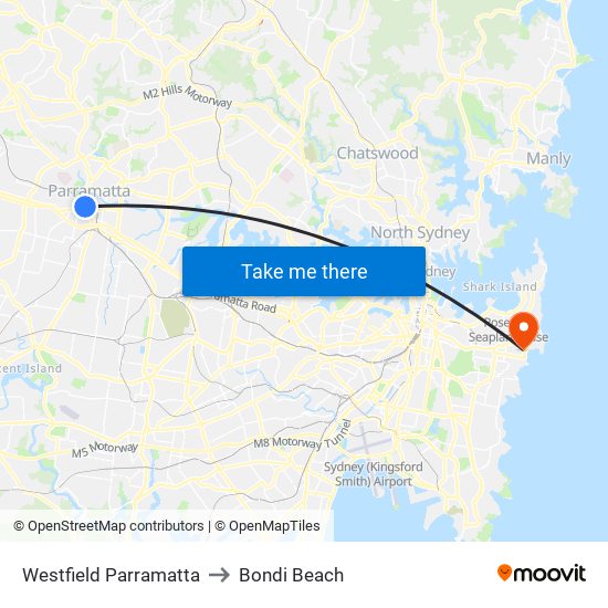 Westfield Parramatta to Bondi Beach map