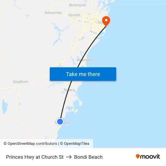 Princes Hwy at Church St to Bondi Beach map