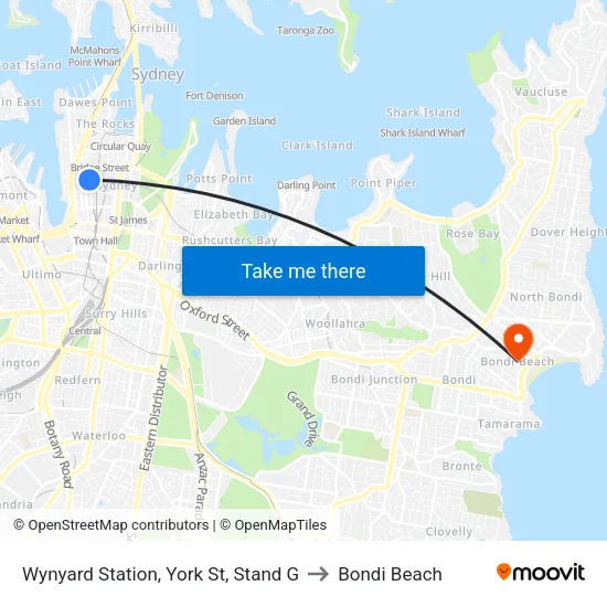 Wynyard Station, York St, Stand G to Bondi Beach map