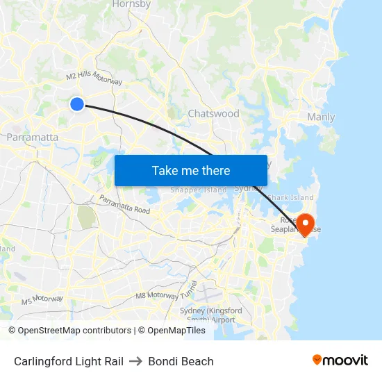 Carlingford Light Rail to Bondi Beach map