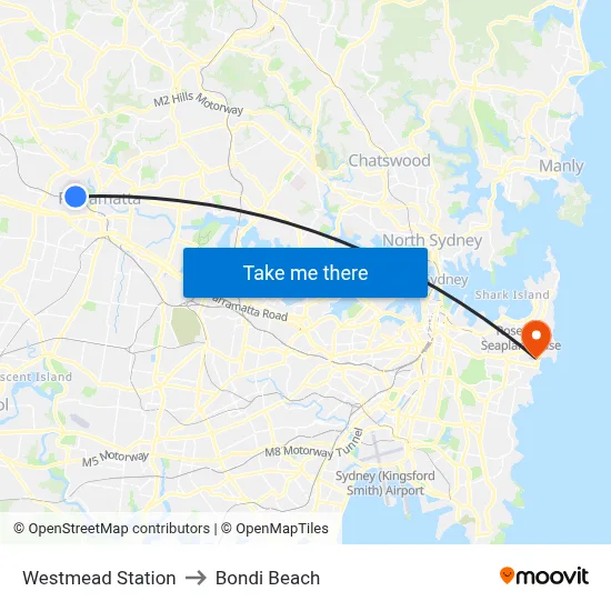 Westmead Station to Bondi Beach map