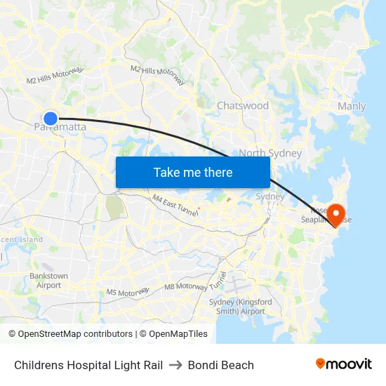 Childrens Hospital Light Rail to Bondi Beach map